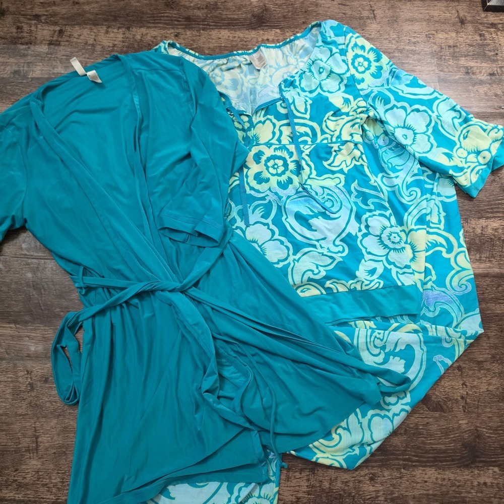 AMBRIELLE Pajama Set‎ Women M/L Teal Floral Robe Top Pants 3pc Loungewear
